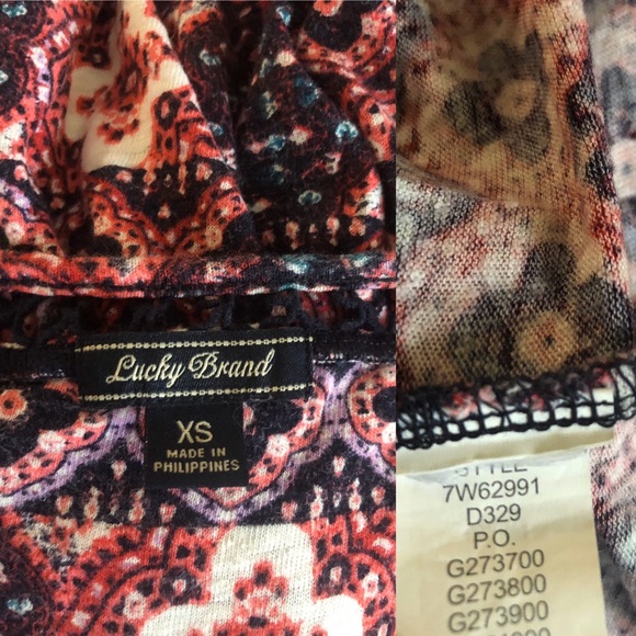 Lucky Brand abstract print red top with crocheted black  inset size XS - Picture 5 of 8